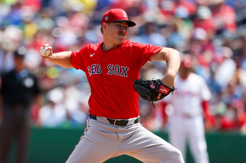 Mar 14, 2024; Clearwater, Florida, USA;  Boston Red Sox relief pitcher Josh Winckowski (25) throws a pitch against the Philadelphia Phillies in the second inning at BayCare Ballpark. Mandatory Credit: Nathan Ray Seebeck-USA TODAY Sports