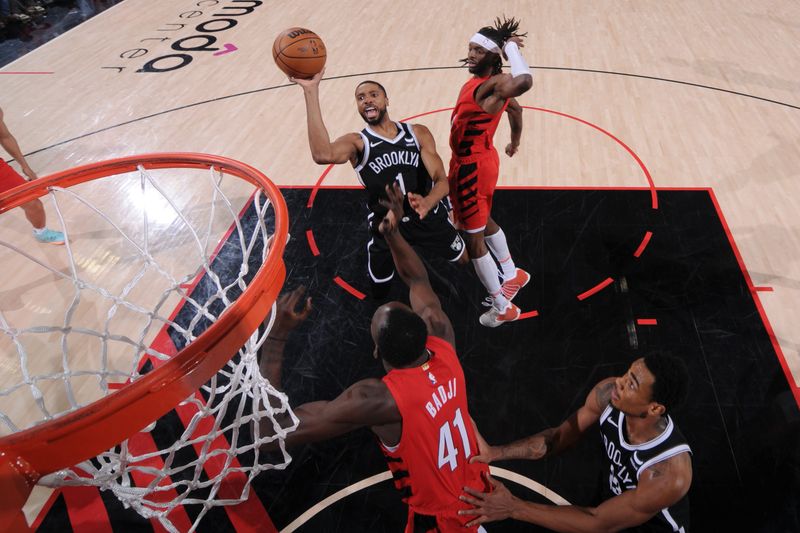 PORTLAND, OR - JANUARY 17: Mikal Bridges #1 of the Brooklyn Nets shoots the ball during the game against the Portland Trail Blazers on January 17, 2024 at the Moda Center Arena in Portland, Oregon. NOTE TO USER: User expressly acknowledges and agrees that, by downloading and or using this photograph, user is consenting to the terms and conditions of the Getty Images License Agreement. Mandatory Copyright Notice: Copyright 2024 NBAE (Photo by Cameron Browne/NBAE via Getty Images)