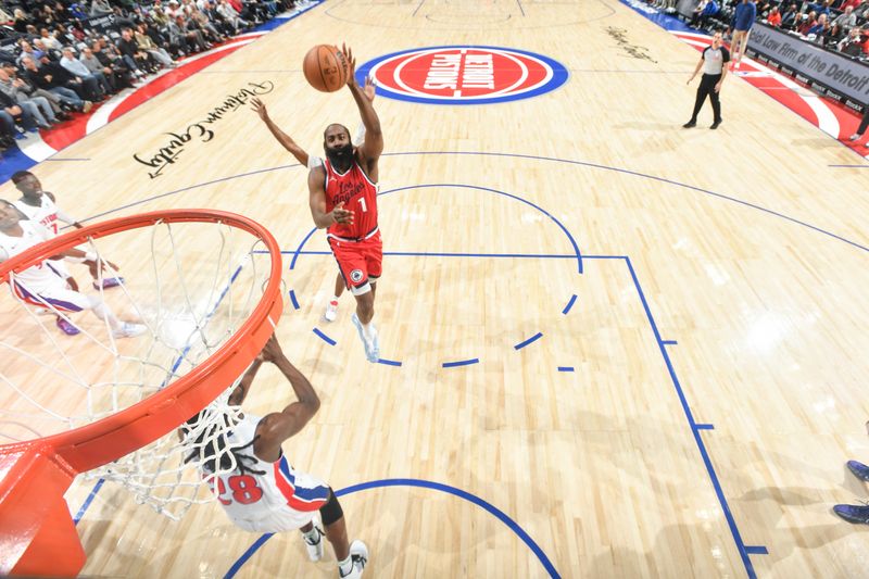 DETROIT, MI - FEBRUARY 24: James Harden #1 of the LA Clippers shoots the ball during the game against the Detroit Pistons on February 24, 2025 at Little Caesars Arena in Detroit, Michigan. NOTE TO USER: User expressly acknowledges and agrees that, by downloading and/or using this photograph, User is consenting to the terms and conditions of the Getty Images License Agreement. Mandatory Copyright Notice: Copyright 2025 NBAE (Photo by Chris Schwegler/NBAE via Getty Images)