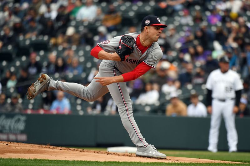 Apr 19, 2025; Denver, Colorado, USA; Washington Nationals pitcher MacKenzie Gore (1) throws during the first inning against the Colorado Rockies at Coors Field. Mandatory Credit: Christopher Hanewinckel-Imagn Images
