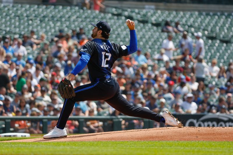 May 26, 2024; Detroit, Michigan, USA; Detroit Tigers starting pitcher Casey Mize (12) pitches during the first inning of the game against the Toronto Blue Jays at Comerica Park. Mandatory Credit: Brian Bradshaw Sevald-USA TODAY Sports