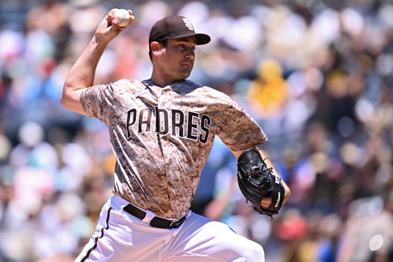 Jun 25, 2023; San Diego, California, USA; San Diego Padres starting pitcher Seth Lugo (67) throws a pitch against the Washington Nationals during the first inning at Petco Park. Mandatory Credit: Orlando Ramirez-USA TODAY Sports