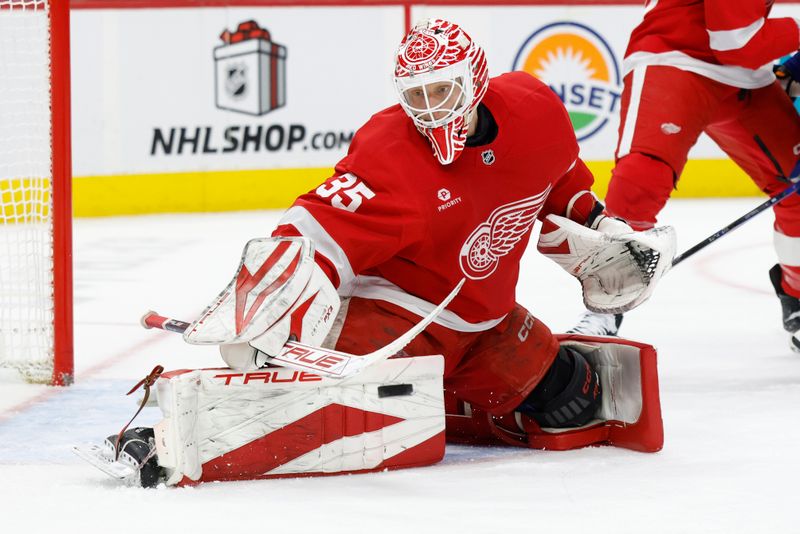 Dec 1, 2024; Detroit, Michigan, USA;  Detroit Red Wings goaltender Ville Husso (35) makes a save in the third period against the Vancouver Canucks at Little Caesars Arena. Mandatory Credit: Rick Osentoski-Imagn Images