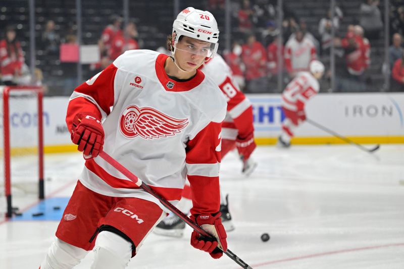 Nov 16, 2024; Los Angeles, California, USA; Detroit Red Wings center Andrew Copp (18) warms up prior to the game against the Los Angeles Kings at Crypto.com Arena. Mandatory Credit: Jayne Kamin-Oncea-Imagn Images