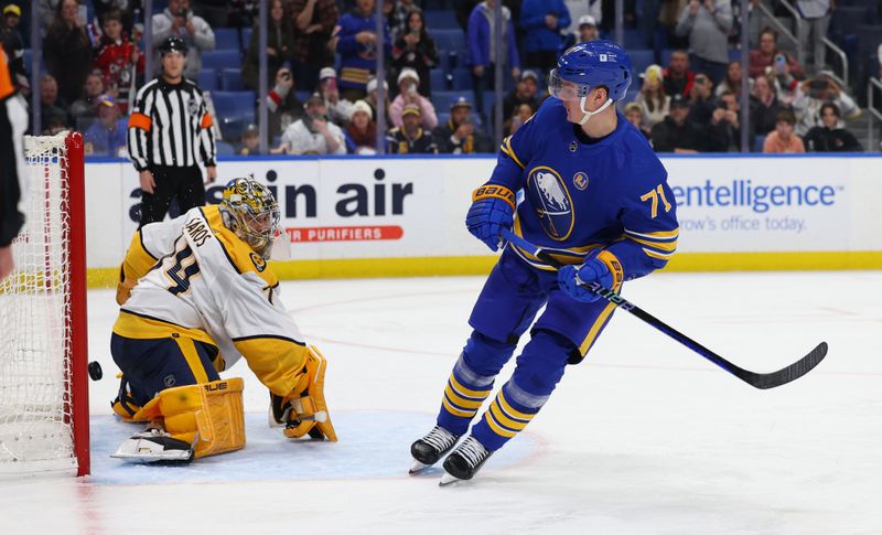 Dec 3, 2023; Buffalo, New York, USA;  Buffalo Sabres left wing Victor Olofsson (71) scores on a penalty shot against Nashville Predators goaltender Juuse Saros (74) during the second period at KeyBank Center. Mandatory Credit: Timothy T. Ludwig-USA TODAY Sports