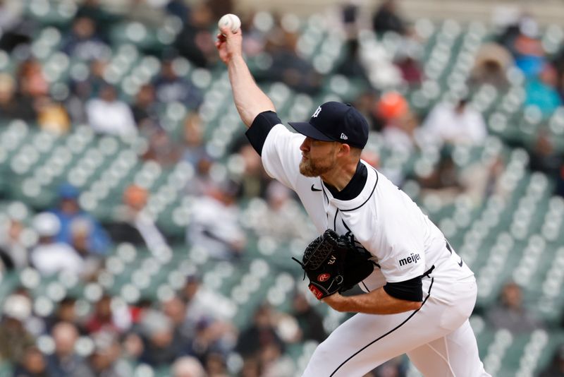 Apr 9, 2025; Detroit, Michigan, USA;  Detroit Tigers pitcher Will Vest (19) pitches in the eighth inning against the New York Yankees at Comerica Park. Mandatory Credit: Rick Osentoski-Imagn Images