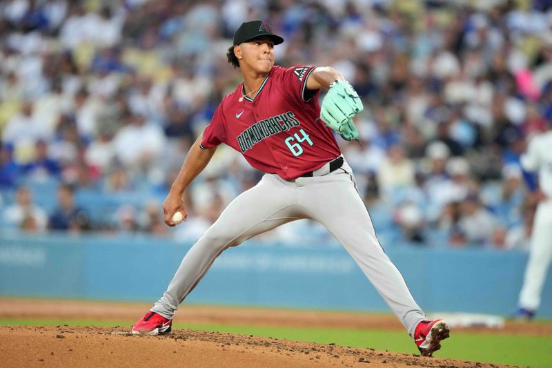 Jul 3, 2024; Los Angeles, California, USA; Arizona Diamondbacks starting pitcher Cristian Mena (64) throws in the second inning against the Los Angeles Dodgers at Dodger Stadium. Mandatory Credit: Kirby Lee-USA TODAY Sports