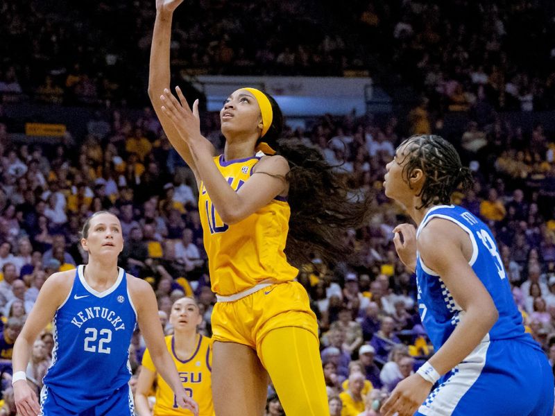 Mar 3, 2024; Baton Rouge, Louisiana, USA; LSU Lady Tigers forward Angel Reese (10) shoots against Kentucky Wildcats forward Ajae Petty (13) during the first half at Pete Maravich Assembly Center. Mandatory Credit: Matthew Hinton-USA TODAY Sports