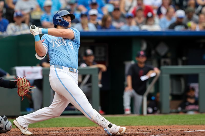 Jun 28, 2023; Kansas City, Missouri, USA; Kansas City Royals first base Vinnie Pasquantino (9) watches a home run hit during the first inning against the Cleveland Guardians at Kauffman Stadium. Mandatory Credit: William Purnell-USA TODAY Sports