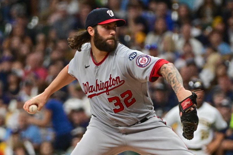 Sep 16, 2023; Milwaukee, Wisconsin, USA;  Washington Nationals pitcher Trevor Williams (32) pitches against the Milwaukee Brewers in the first inning at American Family Field. Mandatory Credit: Benny Sieu-USA TODAY Sports