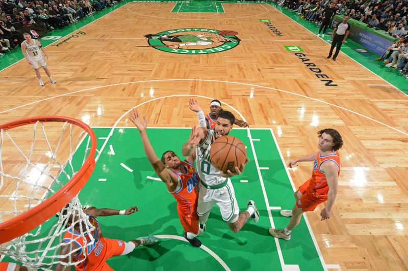 BOSTON, MA - APRIL 3: Jayson Tatum #0 of the Boston Celtics drives to the basket during the game against the Oklahoma City Thunder on April 3, 2024 at the TD Garden in Boston, Massachusetts. NOTE TO USER: User expressly acknowledges and agrees that, by downloading and or using this photograph, User is consenting to the terms and conditions of the Getty Images License Agreement. Mandatory Copyright Notice: Copyright 2024 NBAE  (Photo by Brian Babineau/NBAE via Getty Images)