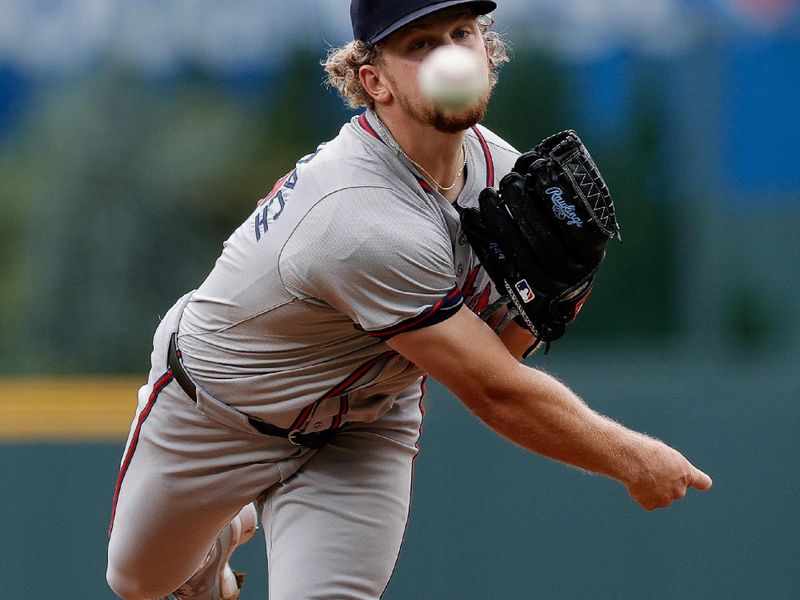 Aug 11, 2024; Denver, Colorado, USA; Atlanta Braves pitcher Spencer Schwellenbach (56) pitches in the first inning against the Colorado Rockies at Coors Field. Mandatory Credit: Isaiah J. Downing-USA TODAY Sports