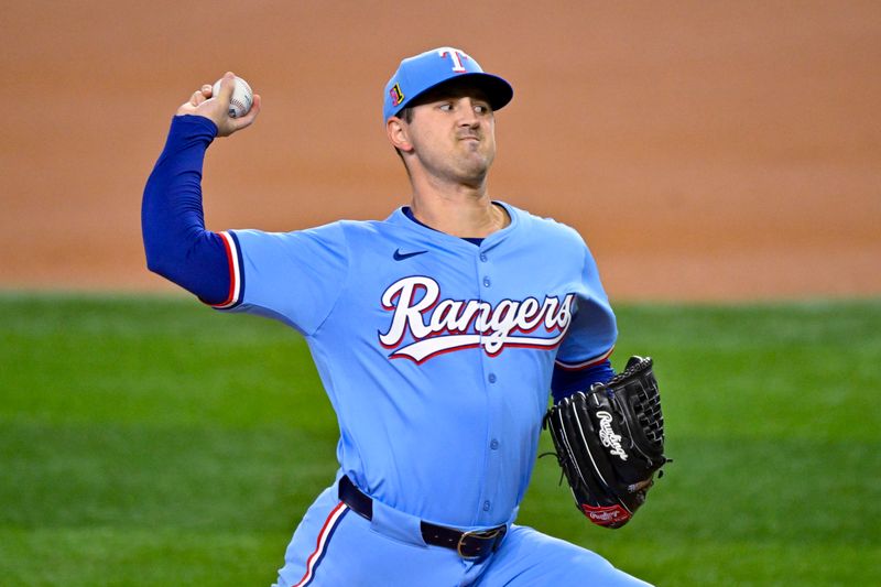 Aug 18, 2024; Arlington, Texas, USA; Texas Rangers starting pitcher Tyler Mahle (51) pitches against the Minnesota Twins during the first inning at Globe Life Field. Mandatory Credit: Jerome Miron-USA TODAY Sports