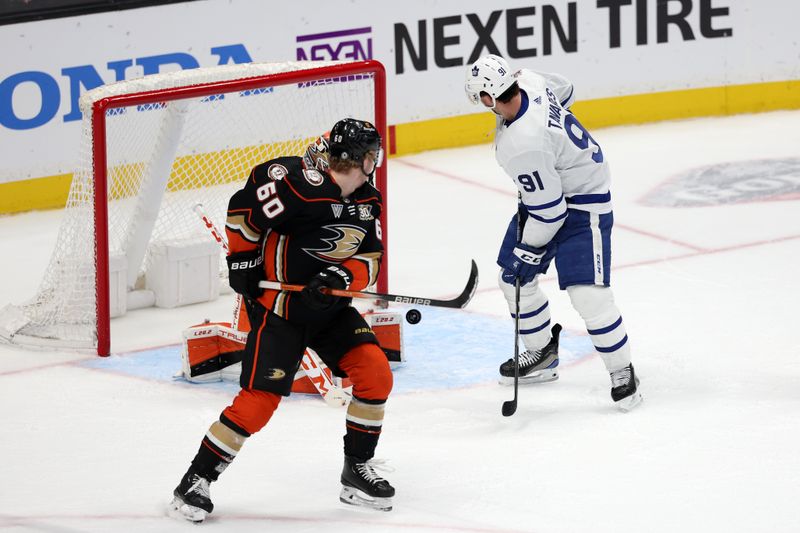 Jan 3, 2024; Anaheim, California, USA; Toronto Maple Leafs center John Tavares (91) sets up for a goal during the third period against the Anaheim Ducks at Honda Center. Mandatory Credit: Kiyoshi Mio-USA TODAY Sports