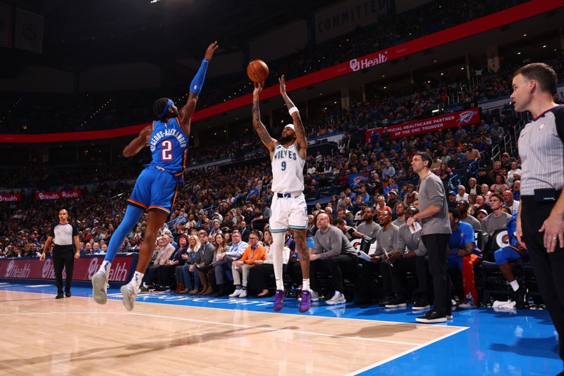 OKLAHOMA CITY, OK - JANUARY 29: Nickeil Alexander-Walker #9 of the Minnesota Timberwolves shoots the ball during the game against the Oklahoma City Thunder on January 29, 2024 at Paycom Arena in Oklahoma City, Oklahoma. NOTE TO USER: User expressly acknowledges and agrees that, by downloading and or using this photograph, User is consenting to the terms and conditions of the Getty Images License Agreement. Mandatory Copyright Notice: Copyright 2024 NBAE (Photo by Zach Beeker/NBAE via Getty Images)