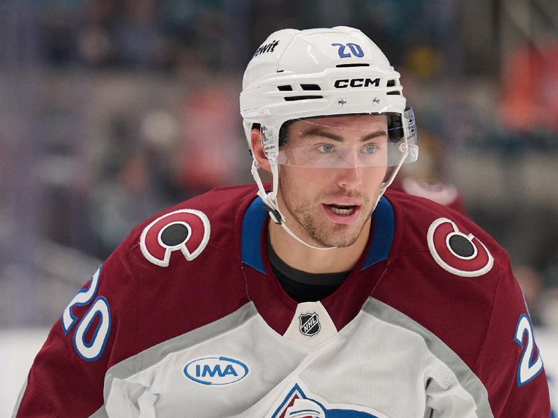 Oct 20, 2024; San Jose, California, USA; Colorado Avalanche center Ross Colton (20) skates on the ice against the San Jose Sharks during the third period at SAP Center at San Jose. Mandatory Credit: Robert Edwards-Imagn Images