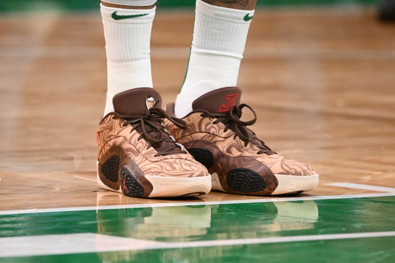 BOSTON, MASSACHUSETTS - JANUARY 29: A detailed view of the shoes of Jayson Tatum #0 of the Boston Celtics during the second quarter of a game against the New Orleans Pelicans at the TD Garden on January 29, 2024 in Boston, Massachusetts. NOTE TO USER: User expressly acknowledges and agrees that, by downloading and or using this photograph, User is consenting to the terms and conditions of the Getty Images License Agreement. (Photo by Brian Fluharty/Getty Images)