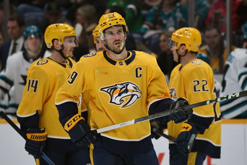 Mar 19, 2024; Nashville, Tennessee, USA; Nashville Predators defenseman Roman Josi (59) skates onto the ice for a power play during the third period at Bridgestone Arena. Mandatory Credit: Christopher Hanewinckel-USA TODAY Sports