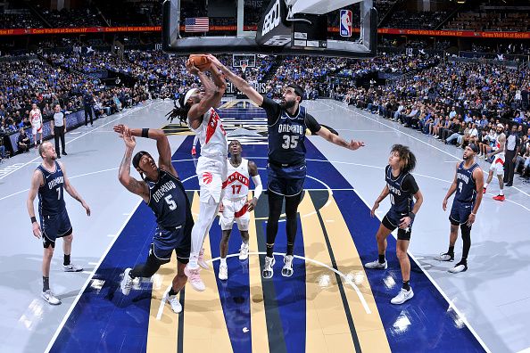 ORLANDO, FL - NOVEMBER 21: Precious Achiuwa #5 of the Toronto Raptors shoots the ball during the game against the Orlando Magic during the In-Season Tournament on November 21, 2023 at Amway Center in Orlando, Florida. NOTE TO USER: User expressly acknowledges and agrees that, by downloading and or using this photograph, User is consenting to the terms and conditions of the Getty Images License Agreement. Mandatory Copyright Notice: Copyright 2023 NBAE (Photo by Fernando Medina/NBAE via Getty Images)