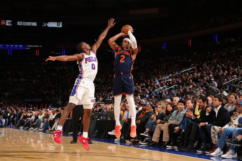 NEW YORK, NY - FEBRUARY 26:  Miles McBride #2 of the New York Knicks shoots the ball during the game against the Philadelphia 76ers on February 26, 2025 at Madison Square Garden in New York City, New York.  NOTE TO USER: User expressly acknowledges and agrees that, by downloading and or using this photograph, User is consenting to the terms and conditions of the Getty Images License Agreement. Mandatory Copyright Notice: Copyright 2025 NBAE  (Photo by Jesse D. Garrabrant/NBAE via Getty Images)