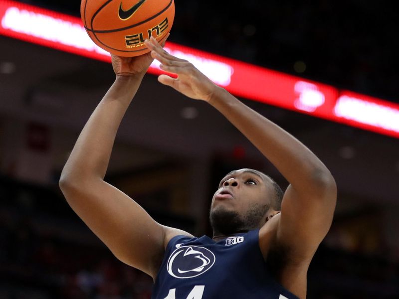 Jan 20, 2024; Columbus, Ohio, USA;  Penn State Nittany Lions forward Demetrius Lilley (14) drives in to the basket during the first half against the Ohio State Buckeyes at Value City Arena. Mandatory Credit: Joseph Maiorana-USA TODAY Sports