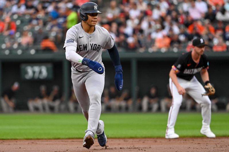 Jul 12, 2024; Baltimore, Maryland, USA; New York Yankees outfielder Juan Soto (22) leads off second base during the first inning against the Baltimore Orioles  at Oriole Park at Camden Yards. Mandatory Credit: Tommy Gilligan-USA TODAY Sports