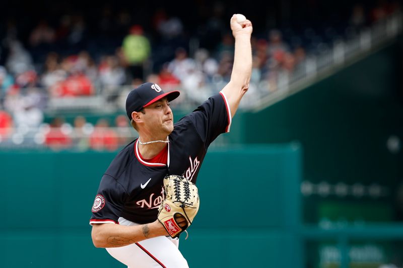 Apr 21, 2024; Washington, District of Columbia, USA; Washington Nationals starting pitcher Mitchell Parker (70) pitches against the Houston Astros during the first inning at Nationals Park. Mandatory Credit: Geoff Burke-USA TODAY Sports