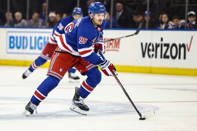 Apr 15, 2024; New York, New York, USA;  New York Rangers center Jack Roslovic (96) skates on a breakaway in the third period against the Ottawa Senators at Madison Square Garden. Mandatory Credit: Wendell Cruz-USA TODAY Sports