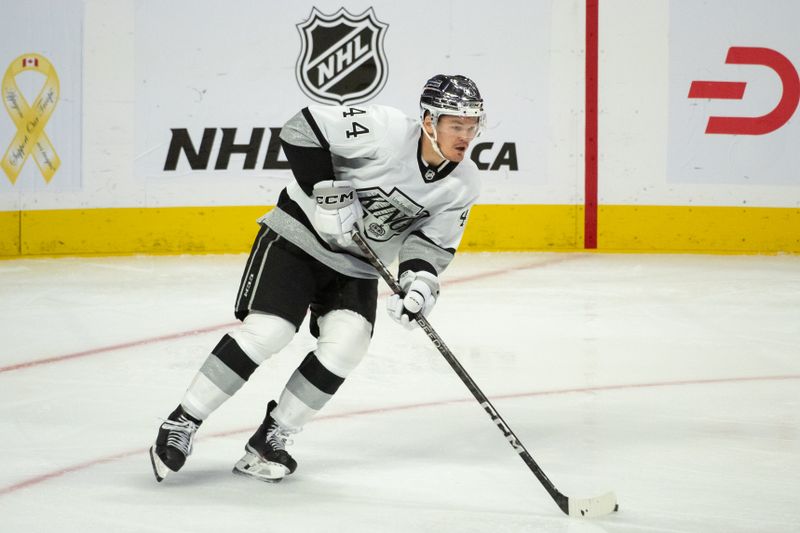 Nov 2, 2023; Ottawa, Ontario, CAN; Los Angeles Kings defenseman Mikey Anderson (44) skates with the puck in the third period against the Ottawa Senators at the Canadian Tire Centre. Mandatory Credit: Marc DesRosiers-USA TODAY Sports