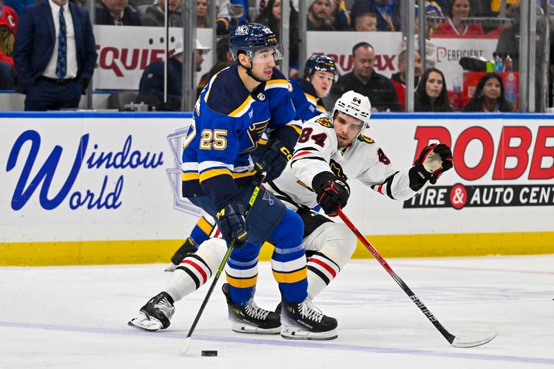 Apr 10, 2024; St. Louis, Missouri, USA;  Chicago Blackhawks left wing Landon Slaggert (84) defends against St. Louis Blues center Jordan Kyrou (25) during the first period at Enterprise Center. Mandatory Credit: Jeff Curry-USA TODAY Sports