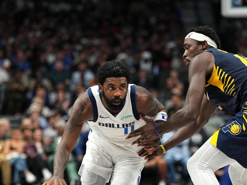 DALLAS, TX - NOVEMBER 4: Kyrie Irving #11 of the Dallas Mavericks handles the ball during the game against the Indiana Pacers on November 4, 2024 at the American Airlines Center in Dallas, Texas. NOTE TO USER: User expressly acknowledges and agrees that, by downloading and or using this photograph, User is consenting to the terms and conditions of the Getty Images License Agreement. Mandatory Copyright Notice: Copyright 2024 NBAE (Photo by Glenn James/NBAE via Getty Images)