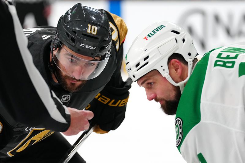 Jan 28, 2025; Las Vegas, Nevada, USA; Vegas Golden Knights center Nicolas Roy (10) looks to take a face off against Dallas Stars left wing Jamie Benn (14) during the second period at T-Mobile Arena. Mandatory Credit: Stephen R. Sylvanie-Imagn Images