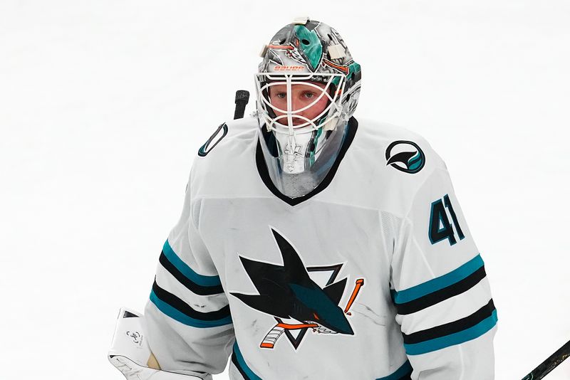 Oct 26, 2024; Las Vegas, Nevada, USA; San Jose Sharks goaltender Vitek Vanecek (41) leaves the ice after the Golden Knights defeated the Sharks at T-Mobile Arena. Mandatory Credit: Stephen R. Sylvanie-Imagn Images