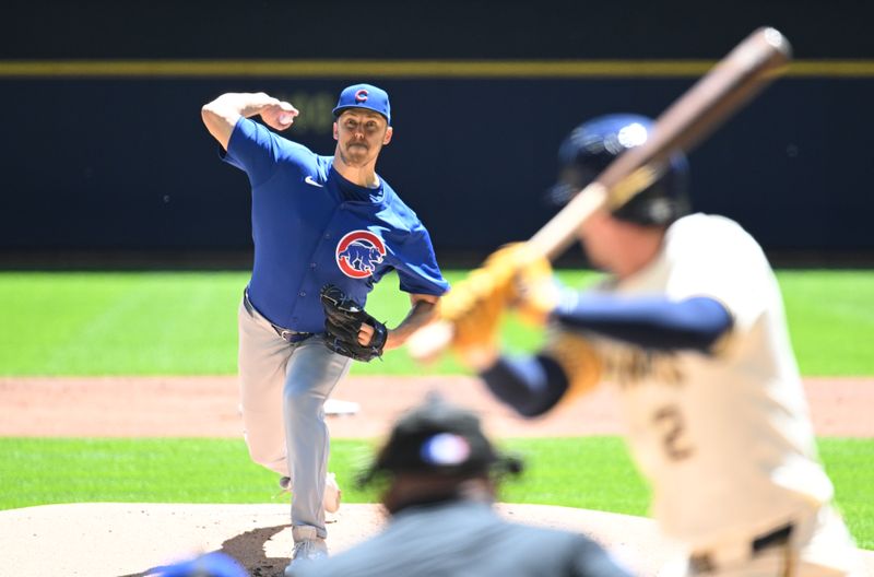 May 30, 2024; Milwaukee, Wisconsin, USA; Chicago Cubs starting pitcher Jameson Taillon (50) delivers a pitch against the Milwaukee Brewers in the first inning at American Family Field. Mandatory Credit: Michael McLoone-USA TODAY Sports