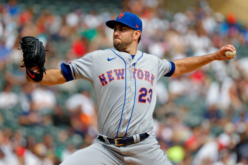 Sep 9, 2023; Minneapolis, Minnesota, USA; New York Mets starting pitcher David Peterson (23) throws to the Minnesota Twins in the second inning at Target Field. Mandatory Credit: Bruce Kluckhohn-USA TODAY Sports