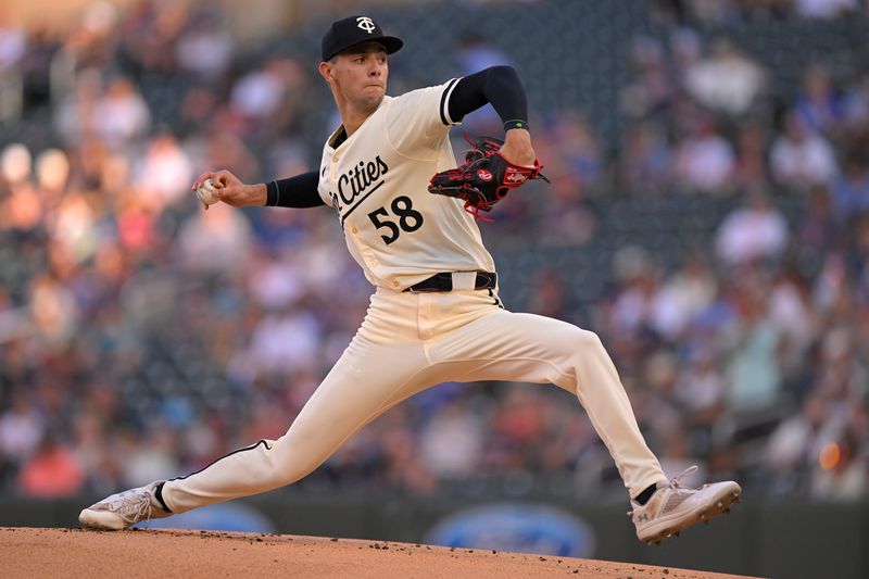 Jul 3, 2024; Minneapolis, Minnesota, USA; Minnesota Twins starting pitcher David Festa (58) delivers a pitch against the Detroit Tigers during the first inning at Target Field. Mandatory Credit: Nick Wosika-USA TODAY Sports