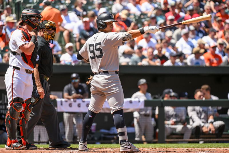 May 2, 2024; Baltimore, Maryland, USA;  New York Yankees third baseman Oswaldo Cabrera (95) gestures prior to an at bat during the second inning against the Baltimore Orioles at Oriole Park at Camden Yards. Mandatory Credit: James A. Pittman-USA TODAY Sports