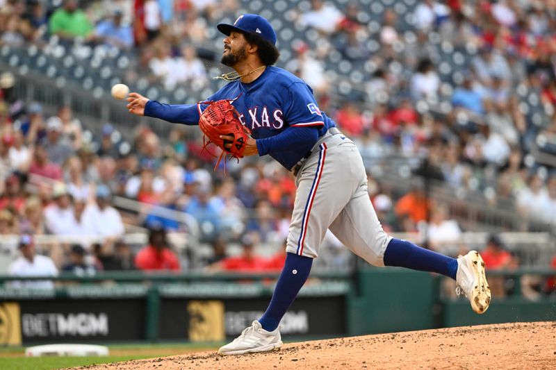 Jul 8, 2023; Washington, District of Columbia, USA; Texas Rangers relief pitcher Grant Anderson (65) throws to the Washington Nationals during the fourth inning at Nationals Park. Mandatory Credit: Brad Mills-USA TODAY Sports