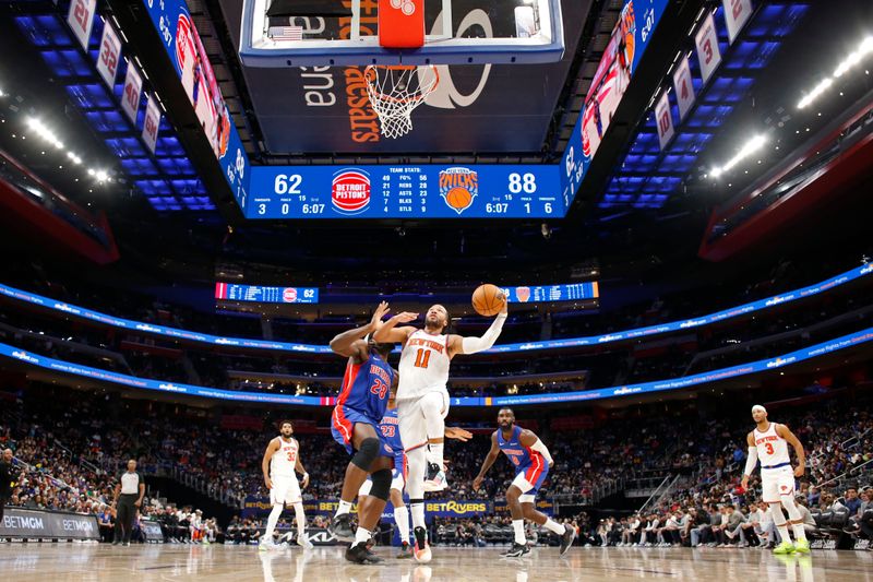 DETROIT, MI - NOVEMBER 1: Jalen Brunson #11 of the New York Knicks drives to the basket during the game against the Detroit Pistons on November 1, 2024 at Little Caesars Arena in Detroit, Michigan. NOTE TO USER: User expressly acknowledges and agrees that, by downloading and/or using this photograph, User is consenting to the terms and conditions of the Getty Images License Agreement. Mandatory Copyright Notice: Copyright 2024 NBAE (Photo by Brian Sevald/NBAE via Getty Images)