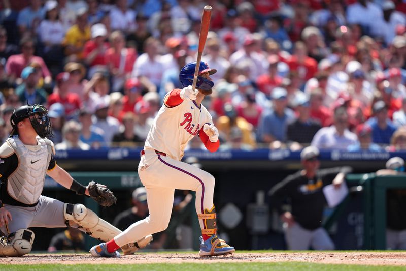 May 18, 2025; Philadelphia, Pennsylvania, USA; Philadelphia Phillies infielder Bryce Harper (3) hits a single against the Pittsburgh Pirates in the sixth inning at Citizens Bank Park. Mandatory Credit: Kyle Ross-Imagn Images