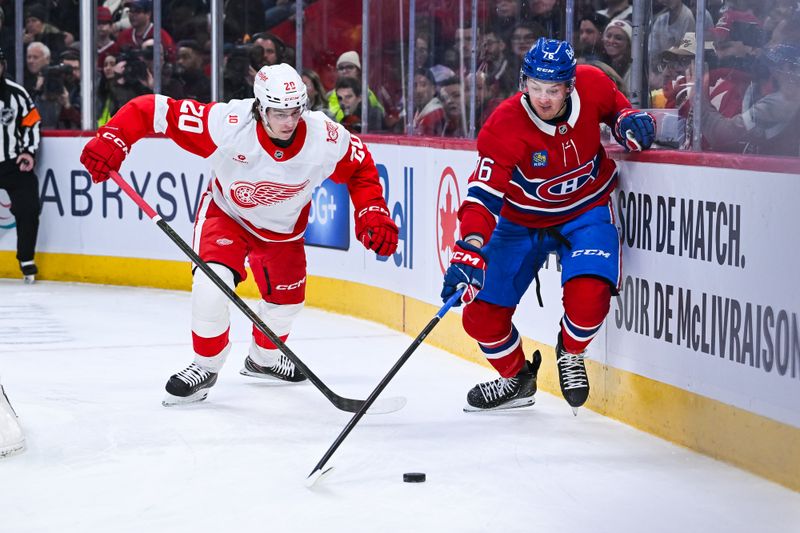 Jan 10, 2026; Montreal, Quebec, CAN; Montreal Canadiens right wing Zachary Bolduc (76) reaches out for the puck against Detroit Red Wings defenseman Albert Johansson (20) during the first period at Bell Centre. Mandatory Credit: David Kirouac-Imagn Images