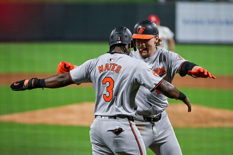 May 20, 2024; St. Louis, Missouri, USA;  Baltimore Orioles shortstop Gunnar Henderson (2) celebrates with second baseman Jorge Mateo (3) after hitting a three run home run against the St. Louis Cardinals during the sixth inning at Busch Stadium. Mandatory Credit: Jeff Curry-USA TODAY Sports