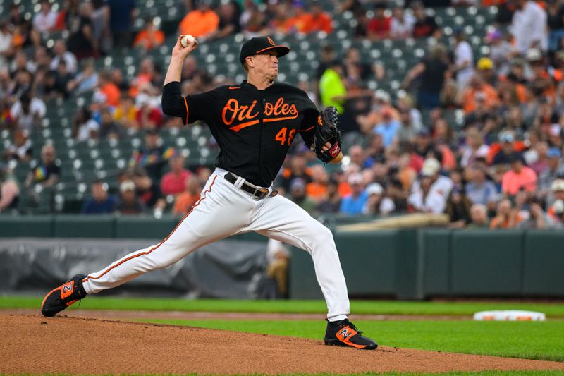 Jun 28, 2023; Baltimore, Maryland, USA; Baltimore Orioles starting pitcher Kyle Gibson (48) throws a pitch during the first inning against the Cincinnati Reds at Oriole Park at Camden Yards. Mandatory Credit: Reggie Hildred-USA TODAY Sports