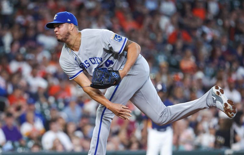 Sep 24, 2023; Houston, Texas, USA; Kansas City Royals starting pitcher Steven Cruz (64) delivers a pitch during the first inning against the Houston Astros at Minute Maid Park. Mandatory Credit: Troy Taormina-USA TODAY Sports