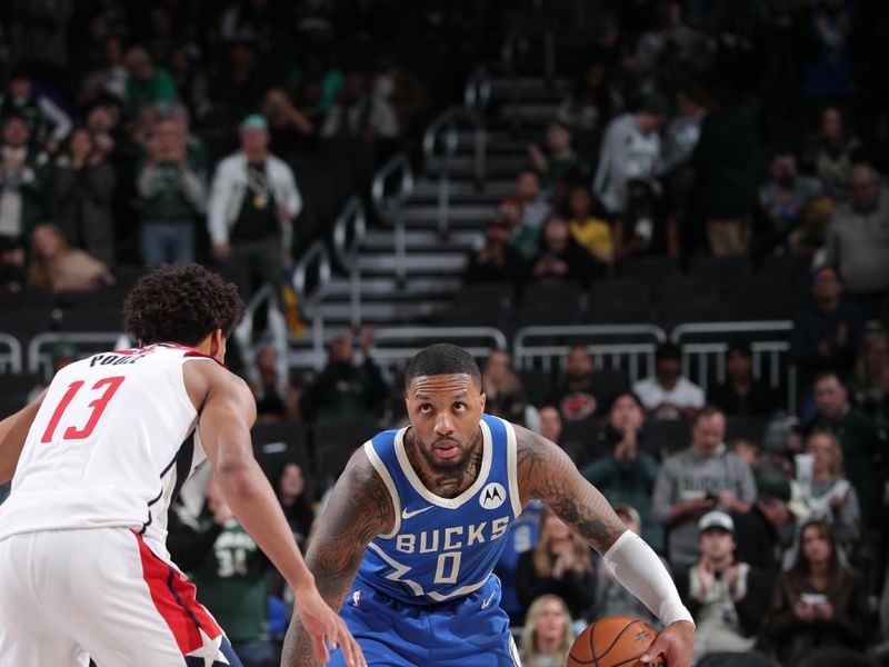 MILWAUKEE, WI - NOVEMBER 30: Damian Lillard #0 of the Milwaukee Bucks dribbles the ball during the game against the Washington Wizards on November 30, 2024 at Fiserv Forum Center in Milwaukee, Wisconsin. NOTE TO USER: User expressly acknowledges and agrees that, by downloading and or using this Photograph, user is consenting to the terms and conditions of the Getty Images License Agreement. Mandatory Copyright Notice: Copyright 2024 NBAE (Photo by Gary Dineen/NBAE via Getty Images).