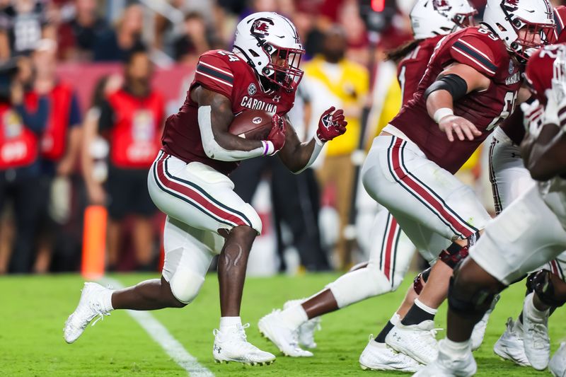 Sep 23, 2023; Columbia, South Carolina, USA; South Carolina Gamecocks running back Mario Anderson (24) rushes against the Mississippi State Bulldogs in the second quarter at Williams-Brice Stadium. Mandatory Credit: Jeff Blake-USA TODAY Sports