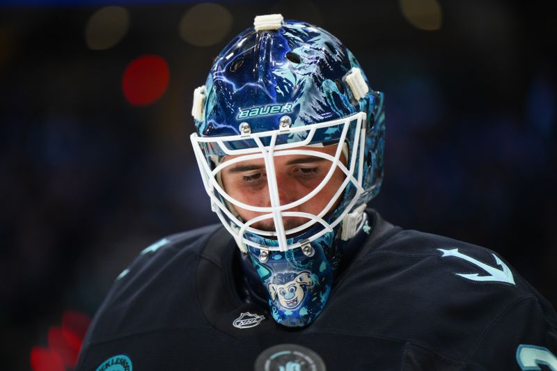 Oct 9, 2025; Seattle, Washington, USA; Seattle Kraken goaltender Joey Daccord (35) during the third period against the Anaheim Ducks at Climate Pledge Arena. Mandatory Credit: Steven Bisig-Imagn Images