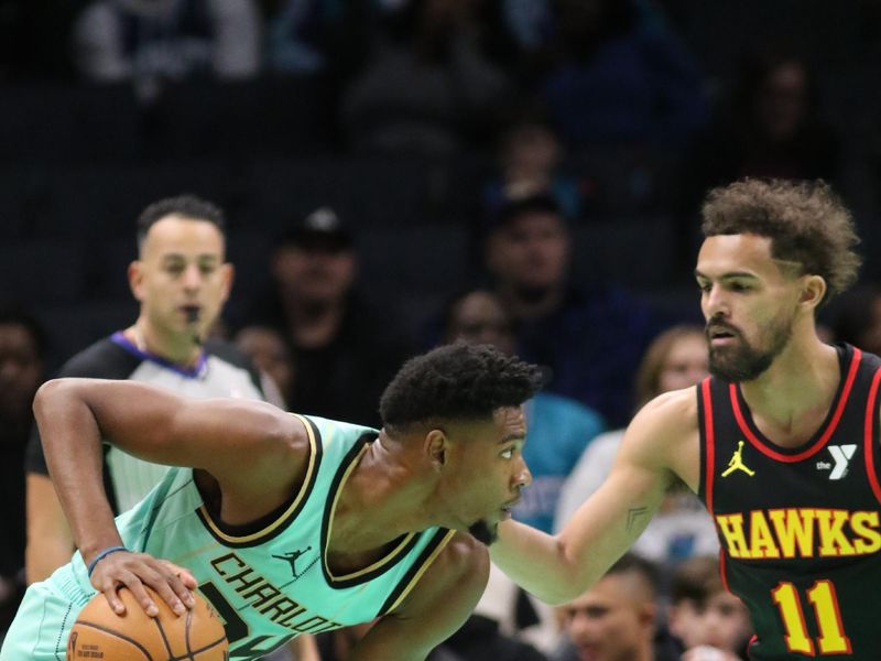 CHARLOTTE, NC - NOVEMBER 30: Brandon Miller #24 of the Charlotte Hornets handles the ball during the game against the Atlanta Hawks on November 30, 2024 at Spectrum Center in Charlotte, North Carolina. NOTE TO USER: User expressly acknowledges and agrees that, by downloading and or using this photograph, User is consenting to the terms and conditions of the Getty Images License Agreement. Mandatory Copyright Notice: Copyright 2024 NBAE (Photo by Brock Williams-Smith/NBAE via Getty Images)