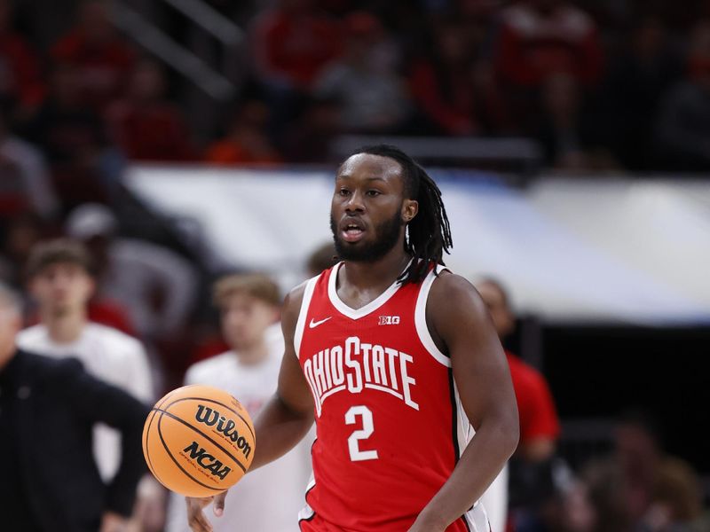 Mar 8, 2023; Chicago, IL, USA; Ohio State Buckeyes guard Bruce Thornton (2) brings the ball up court against Wisconsin Badgers during the first half at United Center. Mandatory Credit: Kamil Krzaczynski-USA TODAY Sports