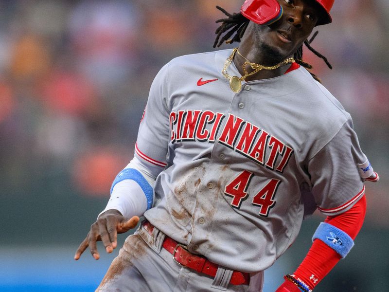 Jun 28, 2023; Baltimore, Maryland, USA; Cincinnati Reds shortstop Elly De La Cruz (44) runs to third base during the first inning against the Baltimore Orioles at Oriole Park at Camden Yards. Mandatory Credit: Reggie Hildred-USA TODAY Sports